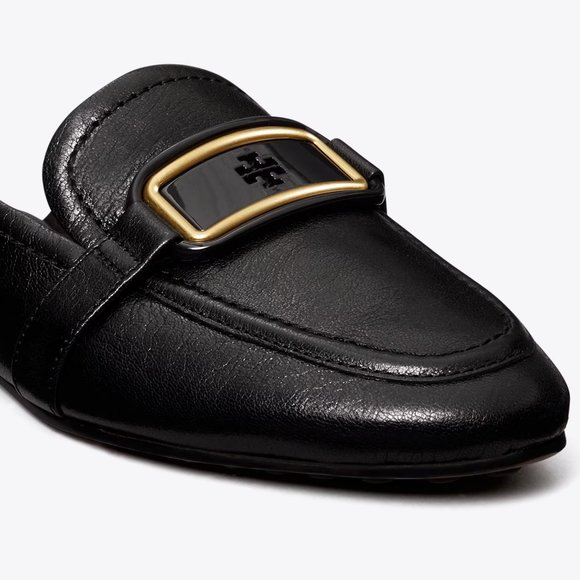 Tory Burch $298 Georgia Backless Loafer Flats Mules Black Gold Logo - Picture 4 of 9